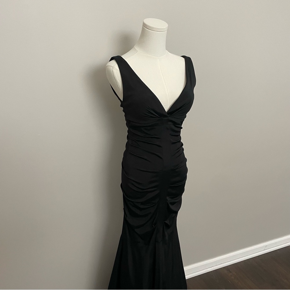 Vintage Caché Dress Maxi Mermaid Bodycon Plunge Neck Ruched Tulle Lined Black - Picture 2 of 12